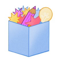 box with pencils, stars, and a lightbulb