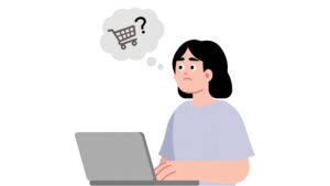 A cartoon girl on her laptop, thinking about buying something online