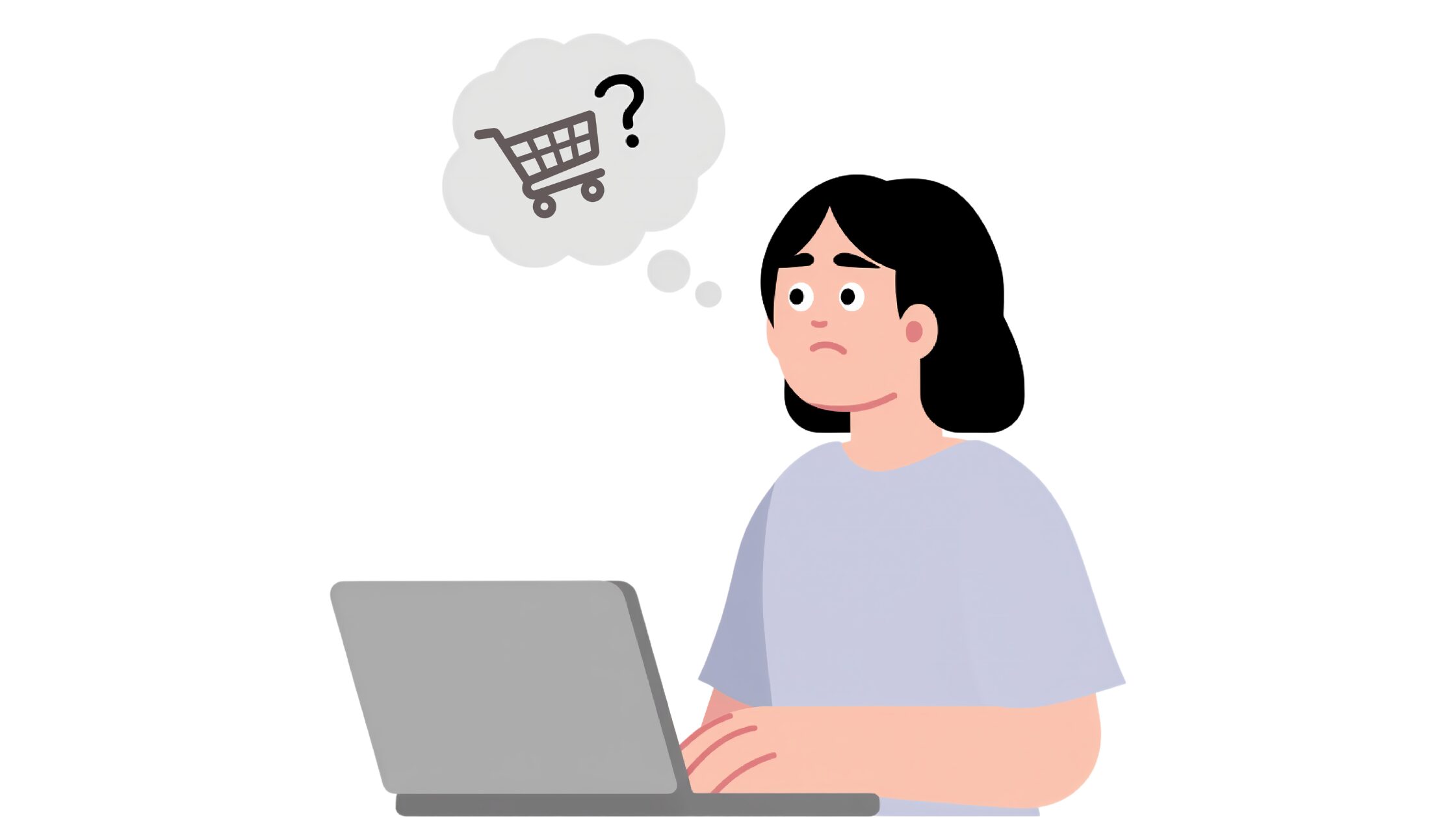 A cartoon girl on her laptop, thinking about buying something online
