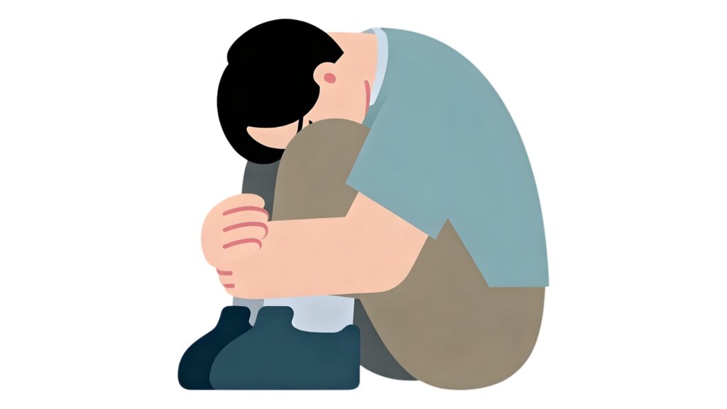 A cartoon boy looking sad with his head in his knees