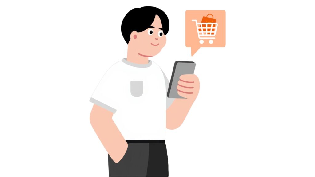 A cartoon boy on his phone, thinking about buying something online
