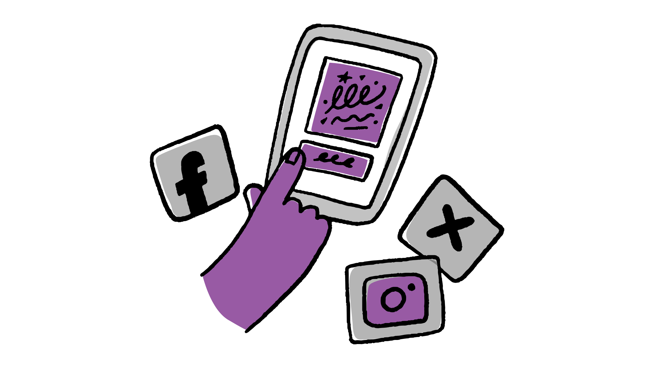 Someone using a phone on social media with icons from apps like Facebook, X and Instagram