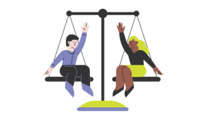 Man and woman sat on justice scales