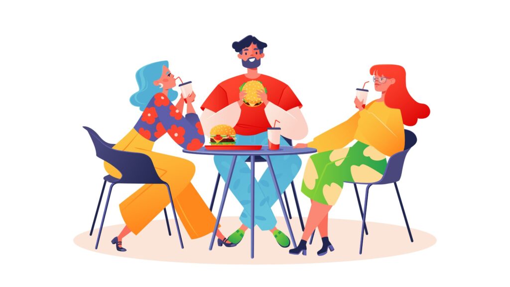 3 friends all talking together over dinner