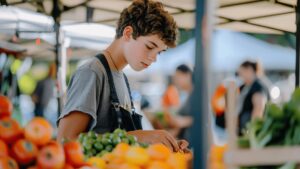 Teen boy working in a fruit stall at a market