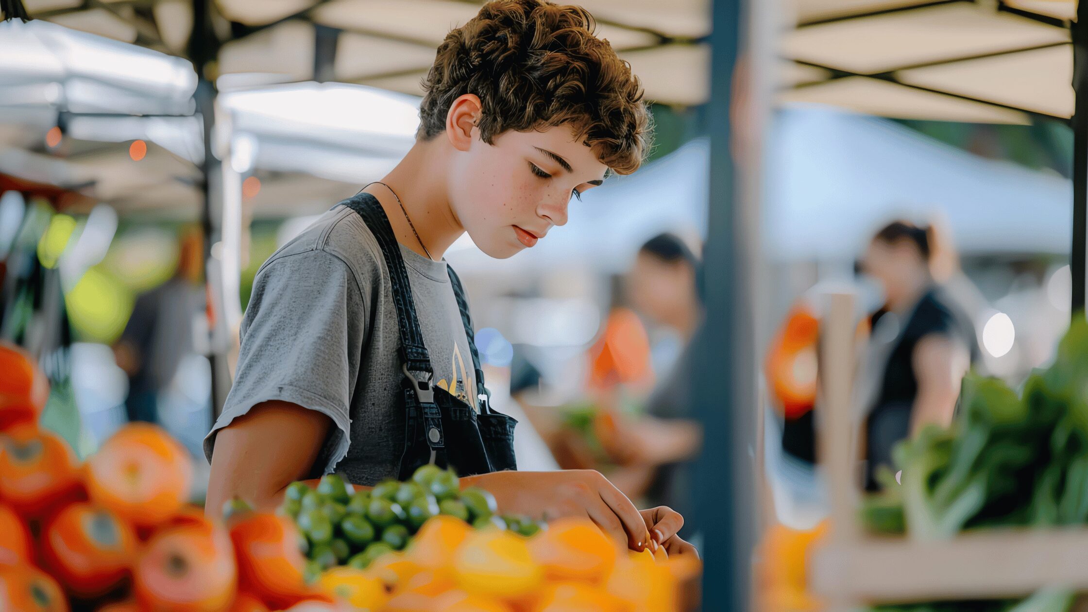 Teen boy working in a fruit stall at a market