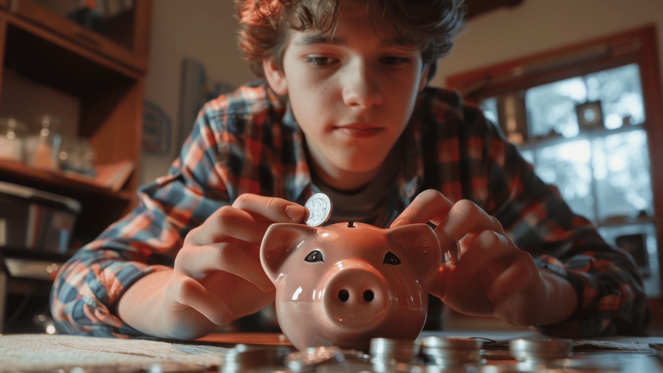 Boy putting money into a piggy bank