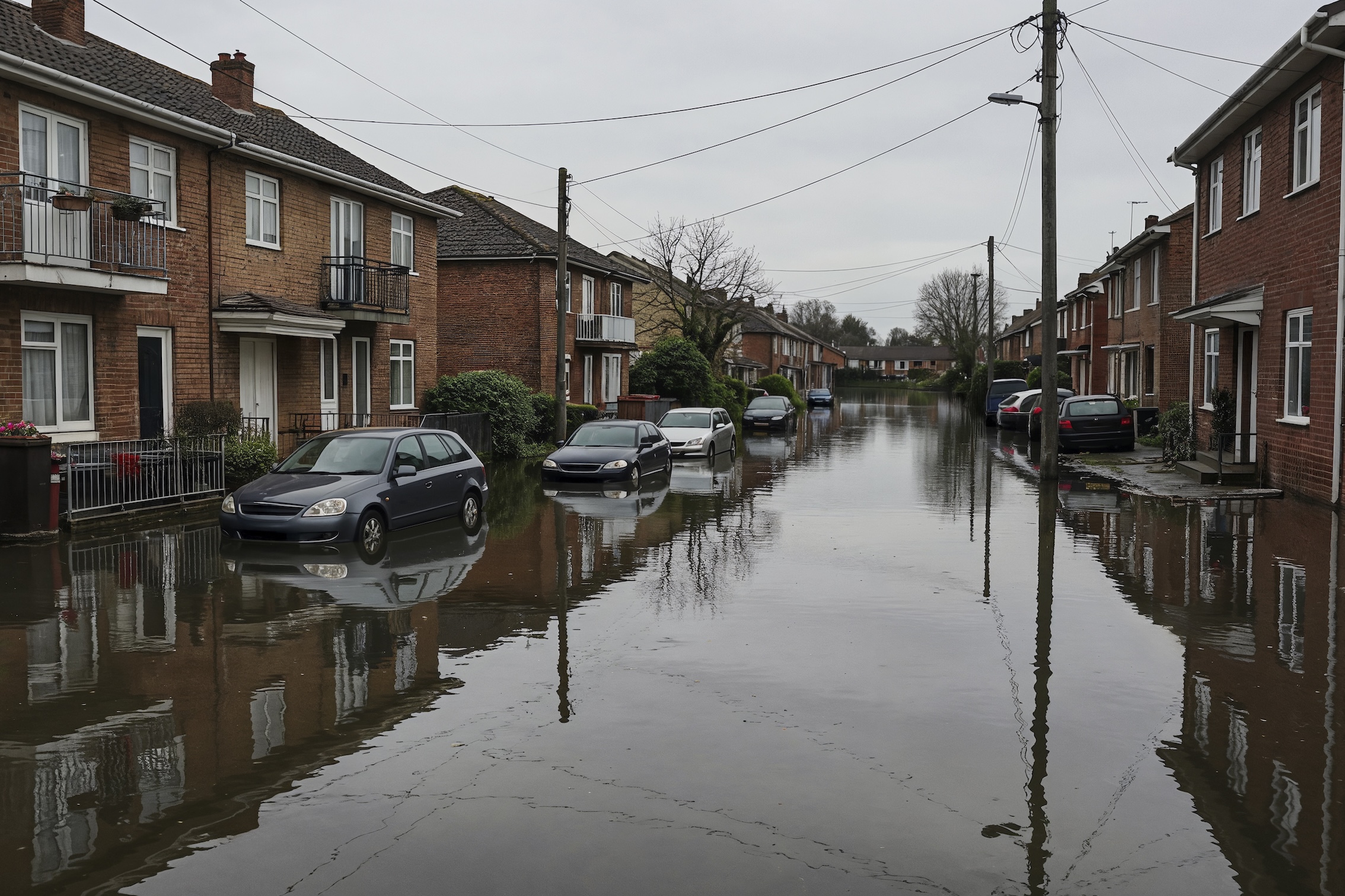 Flooded street in a residential area